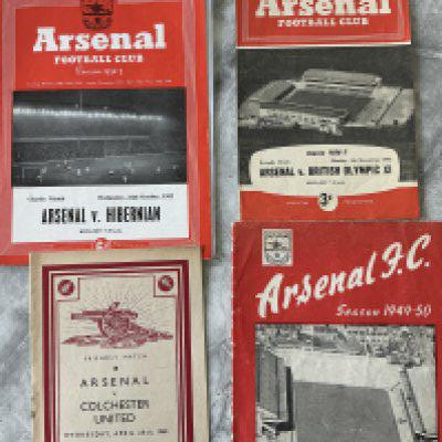 Arsenal Home Friendly Football Programmes: 47/48 Colchester, 49/50 AIK Stockholm, 52/53 Hibernian, 56/57 British Olympic X1. Good. (4)