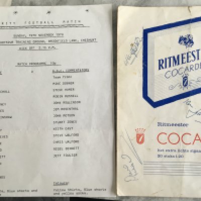 Tottenham Football Programmes + Memorabilia: 1963 press photo of Greaves with press stamp, 1978 Spurs Staff v BBC Commentators at Cheshunt, quantity of 75/76 aways, 1986 Interim Report, The Spurs Go Marching On souvenir with stain and more.