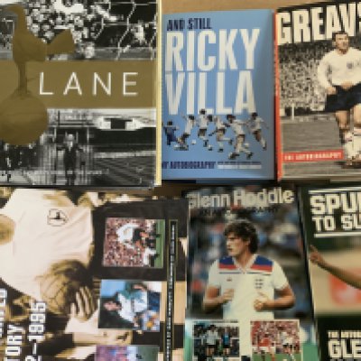Tottenham Football Book Collection: Autobiographies of Ginola Greaves Villa Hoddle plus records, programme binder, big match programmes and more. (2 boxes)