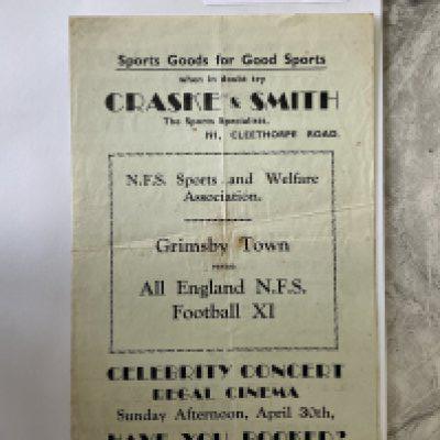 44/45 Grimsby Town v NFS Football Programme: Fair condition friendly programme with no team changes. Bit of wear to folding on rear page. 1945 written near date. Opponents are thought to be the All England National Football Service.