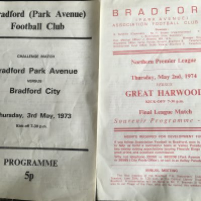 Bradford Park Avenue Historic Football Programmes: Last match v Great Harwood on May 2 1974 plus from the previous season the last match at the old ground v Bradford City on 3 5 1973. Good with no team changes. (2)