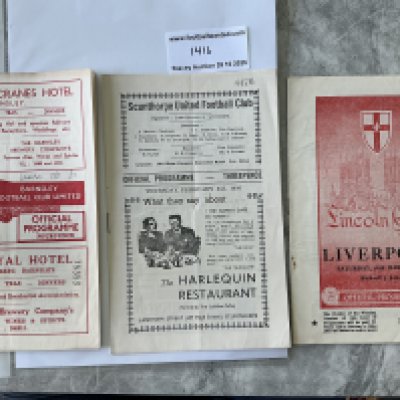 1950s Liverpool Away Football Programmes: 55/56 Scunthorpe, 58/59 Lincoln + Barnsley. Very good. (3)