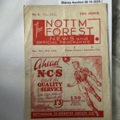 42/43 Nottingham Forest v Leicester City Football Programme: Good condition League programme with team changes. 4 pager dated 28 11 1942. Fold and score to cover.
