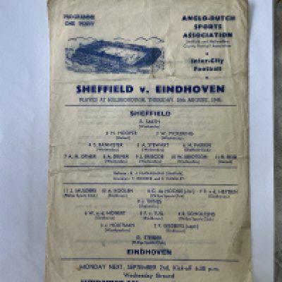 46/47 Sheffield Utd + Wednesday v Eindhoven Football Programme: Fair condition friendly programme with no team changes. Single sheet dated Thursday 28 August 1946 has a small ex tape mark to rear and creasing. Played at Hillsborough with a mixture of Wednesday and United players.