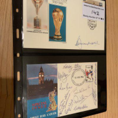 England 1966 World Cup Winners Signed FDCs: First day cover by 10 players with World Cup winners stamp and 1966 postmark. Second cover which was from the famous 1986 World Cup series is signed by Bobby Moore to complete the 11 winning players. (2)