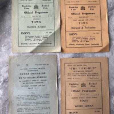1940s Cambridge Town Football Programmes: Very good condition to include 1948 East Anglian Cup Final v Harwich + Parkeston. Also 47/48 Wood Green, Bedford Avenue and a Cambridgeshire v Huntingdonshire at Milton Road on 23 10 1948. (4)