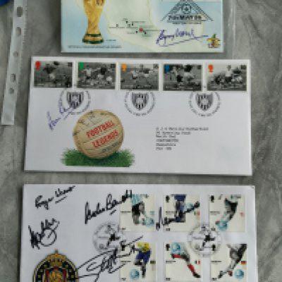 1966 England World Cup Autographs: First day covers one signed by Bobby Moore and a further by Martin Peters. The third is signed by Hurst Ball Hunt Banks and Peters. (3)