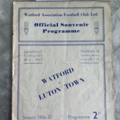 36/37 Watford v Luton Town Football Programme: 3rd Division South with 75 per cent split spine. Otherwise good with no team changes.
