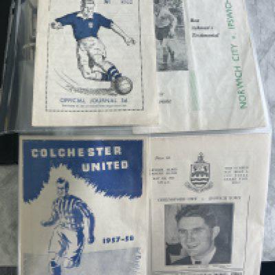 Ipswich Town Away Testimonial Football Programmes: Private collection in folder where some rare issues. Includes 55/56 Chelmsford (Elmes) 60/61 Lowestoft (Peck) 63/64/Norwich (Ashman) 65/66 (Butler) 66/67 Chelmsford (Butcher/Eades) 69/70 Lowestoft (Butcher) 70/71 Bedford (Cooley/Skinn) 71/72 Cambridge Select (Gregson) 76/77 (Simmons) Chelmsford (Tomkins) 82/83 Sudbury (Mychajluk). Must view. (55)