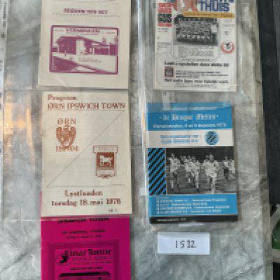Ipswich 1970s Foreign Away Football Programmes: 73/74 Rosenberg, 76/77 Go Ahead Eagles, 77/78 Orn, 78/79 Brugge, 79/80 FC Twente. Good. (5)