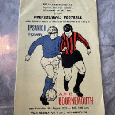 73/74 Bournemouth + Ipswich Guernsey Tour Football Programme: Vale Creation v both clubs in early August 1973. Hard to obtain good condition programme with fold but no writing. (1)
