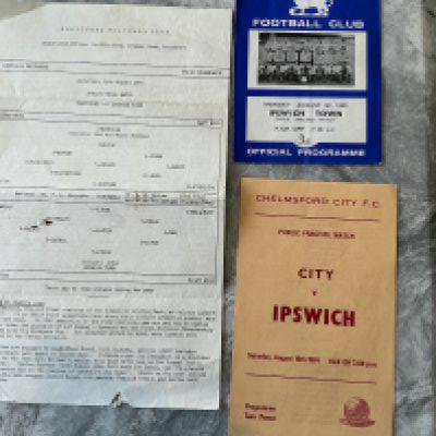 Ipswich Town Away Practice Match Football Programmes: 65/66 Brentford tear, Millwall and 74/75 Chelmsford. Good. (3)