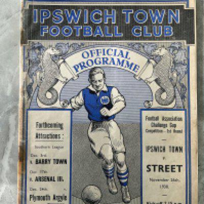 38/39 Ipswich v Street FA Cup Football Programme: 24 page programme in fair condition. Rusty staples holding firm. Spine repair and pencil to rear.