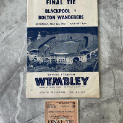 1953 FA Cup Final Blackpool v Bolton Football Programme + Ticket: Excellent condition programme with no team changes with matching ticket. Still the most famous FA Cup Final. (2)