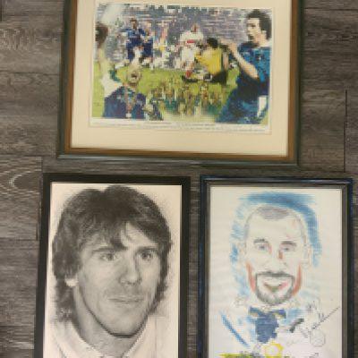 Chelsea Framed Football Prints: Ltd edition print signed by the artist of Zola and others when winning the ECWC in 1998. Frame measures 22 x 17 inches. C/W prints of Zola unframed and Vialli framed. (3)