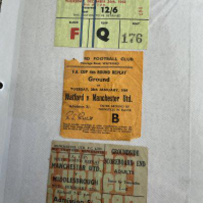 Manchester United Football Ticket Album: Includes testimonials for Robson Busby memorial, Cantona Munich testimonial, Ferguson Solskjaer Giggs Irwin. Tickets from the late 60s onwards with many big match. (191)