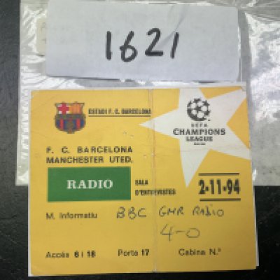 94/95 Barcelona v Manchester United Football Ticket: Champions League press ticket dated 2 11 1994. Writing to front stating score and BBC Radio. Fold.