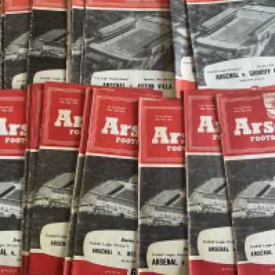 Arsenal Football Programme Box: Mainly homes with around 30 from the late 50s and a quantity onwards to include potentially a full set of homes from 70/71 and home and aways from 69/70. Worth a look as spotted handbooks and menus which include shareholders luncheon in 2006 the first at The Emirates and a Football Writers Dinner in 2003 where footballer of the year was Henry.