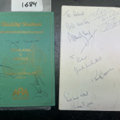 Signed Football Menus: 1983 England v Greece menu signed by former managers Don Howe Ron Greenwood and Joe Mercer. C/W a dedicated 1972 Anglo American menu in honour of Stoke and Chelsea signed to rear by Alan Ball Frank McLintock Brian Moore Ron Harris and one other.