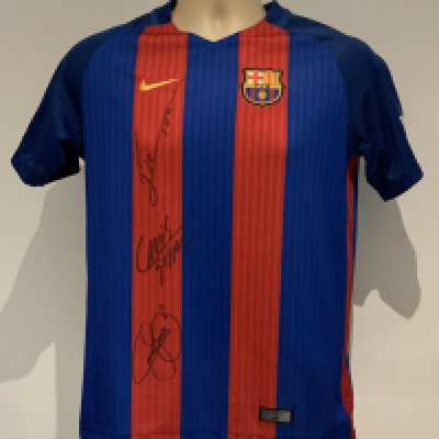 Barcelona Signed Football Shirt: Nike short sleeve shirt signed to the front by Lionel Messi, Luis Suarez and Neymar Jr. Size child's XL.