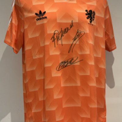 Holland Signed Football Shirt: Short sleeve Adidas shirt signed by Dutch legends Gullit Van Basten and Rijkaard. Good condition.