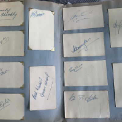 Liverpool 1967 Football Autographs: White postcards signed in 1967 with correspondence between recipient in the form he sent to Bill Shankley asking for the autographs for his nephew and a further letter to the nephew to say they are enclosed. The 12 postcards are hand signed and clipped into scrapbook with removable plastic to each one. Includes Shankley St John Callaghan Hunt Thompson Byrne Hughes Milne Lawrence Lawler and others.
