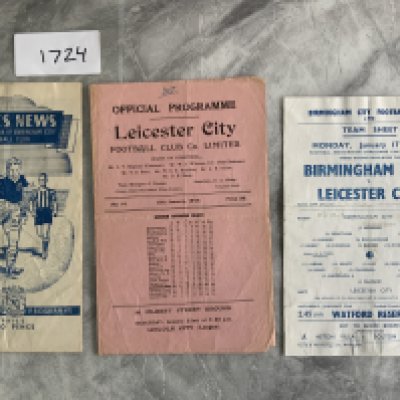 48/49 Leicester v Birmingham FA Cup Football Programmes: All 3 matches in the famous Leicester cup run. First match at Birmingham, replay at Leicester and a Monday afternoon single sheet dated 17 1 1949 back at Birmingham which is hard to obtain. Team changes and overall fair. (3)
