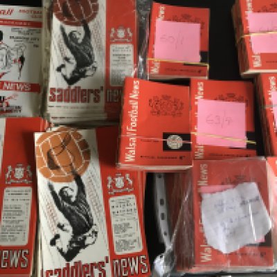 Walsall Home Football Programmes: 18 up to 59/60, 11 x 60/61, 15 x 61/62, 14 x 62/63, 8 x 63/64, 14 x 64/65 and the rest go up to the early 70s. Includes probable complete sets from 65/66 and 68/69. Instructions to sell. Very good. (est 240)