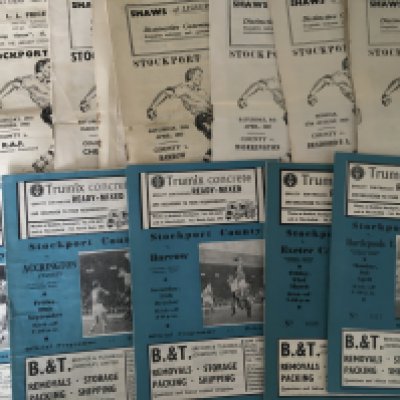 Stockport County Home Football Programmes: 27 from the mid to late 50s and approximately 150 from the 60s and 80 from the early 70s. There are complete or near complete sets for 64/65 65/66 67/68 68/69 + 69/70. Instructions to sell. Very good. (est 250+)