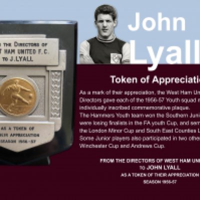 1956 - 1957 John Lyalls Award From West Ham Directors: Awarded to John Lyall with plaque stating From the Directors Of West Ham United FC As A Token Of Their Appreciation. Lyall played in the Youth Cup and Southern Junior Cup for which West Ham got to the finals and was given his first professional contract in 1957 as a result.