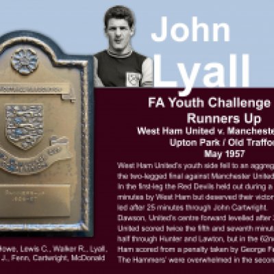 1957 John Lyalls West Ham Youth Cup Final Plaque: Attractive shield in original box engraved J Lyall. West Ham were runners up after losing the two legged final to Manchester United. Lyalls poor condition programme included.