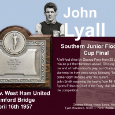 1957 John Lyalls West Ham Southern Junior Cup Final Plaque: In original box with wooden plaque engraved J Lyall. West Ham won the cup after defeating Chelsea at Stamford Bridge on 10 4 1957. John had played in earlier rounds and although he did not play in the final he was awarded the plaque.