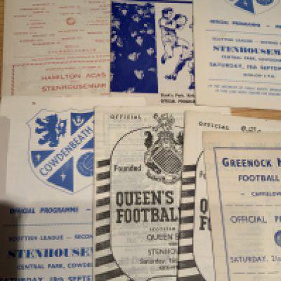 Stenhousemuir Football Programmes: Mainly from the 80s onwards in very good condition. Few earlier include 58/59 Greenock Morton + 62/63 Hamilton both away and some 70s at Cowdenbeath Queens Park and Raith. Instructions to sell. (80)
