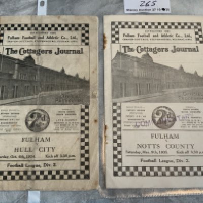 34/35 Fulham Home Football Programmes: Hull City with tape to spine and Notts County with staples rusted away but no team changes. (2)