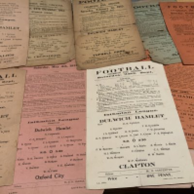 Dulwich Hamlet Antique Football Programmes: Large collection of home programmes all at least 100 years old. Lots of Isthmian League plus Surrey Senior Cup, FA Cup Qualifying, London Charity Cup, London Intermediate Cup. Opponents include Clapton, Ilford, Wycombe Wanderers, Oxford City, West Norwood, Tufnell Park and many more. All programmes except one are between 1912 and 1925. Some are reserves. Although there are some good condition programmes they are poor/fair overall. (70+)