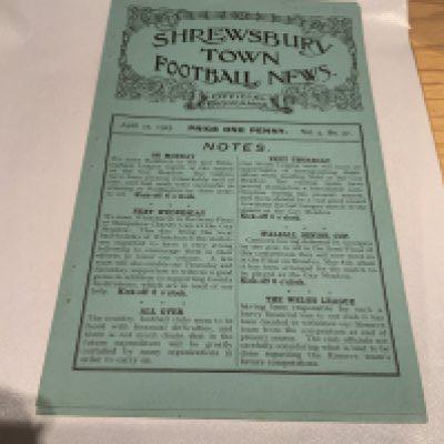 1924 - 1925 Shrewsbury Town v Oswestry Football Programme: First team match in the Birmingham League in very good condition with no team changes. Staples removed not rotted away.