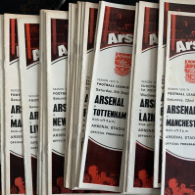 Arsenal 70/71 Home + Away Football Programmes + Memorabilia: 29 home programmes with tokens intact from the double season. There are 19 away programmes including final and semis and title decider at Tottenham. C/W car sticker, papers, magazines programme binder and handbook. (62 items)