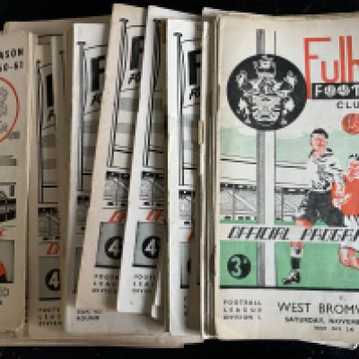 Fulham + Chelsea Home Football Programmes: Fulham has 60 from the 50s plus over 250 from the 60s and some early 70s. Instructions to sell. Very good. (est 350). Chelsea has a near complete set of 55/56 and sets of 66/67 and 68/69 plus many more 60s and 70s.