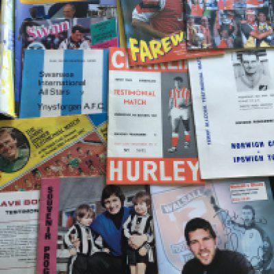 Testimonial Football Programmes: Some great names including John Atyeo Graham Williams Bobby Charlton Tony Book Mick Lambert Bill Eckersley. Many lesser named players also. Mainly good. (54)