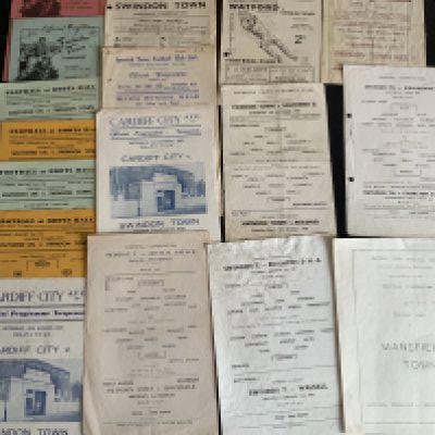 40s + 50s Swindon Town Reserve Football Programmes: Aways at 45/46 Ipswich, Chelmsford sof, 49/50 Watford, Charlton mainly all with punch holes. Homes include 49/50 Brentford Aldershot and a further 21 in the 50s which are mainly single sheets plus more. Fair/good.