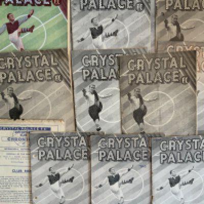 1940s Crystal Palace Home Football Programmes: 45/46 Reading, 47/48 QPR, Swindon, Bournemouth, Torquay punch holes, 48/49 + 49/50 Newport all good. A further 4 more from 48/49 with faults. (11)