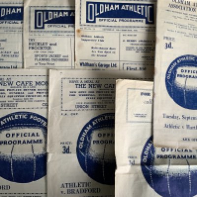Oldham Athletic Home Football Programmes: 7 from the 50s and approximately 180 from the 60s and a few from the early 70s. 60/61 + 65/66 possibly complete of league matches. Instructions to sell. Very good. (est 200)