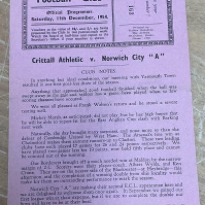 54/55 Crittall v Norwich City A Football Programme: Eastern Counties League 4 pager with team changes dated 11 12 1954. Very good with fold.