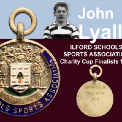 John Lyalls Ilford Schools Sports Medals: From Ilford High school there is a one mile medal and Discus and Pole Vault medals plus photographs of him v Beale school and his team with trophies in 54/55. From the Ilford Sports Association there are medals for 1950 Kings Cup winners, 1952 Charity Cup finalists, 1954 2 photos of Lyall in the cricket team and a 1955 Charity Cup winners medal.