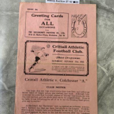 50/51 Crittall v Colchester United Football Programme: Essex + Suffolk Border League with team changes dated 21 10 1950. Very good from Colchesters first season in the league.