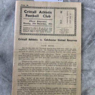 54/55 Crittall v Colchester United Reserves Football Programme: Eastern Counties League with team changes dated 27 12 1954. Very good.