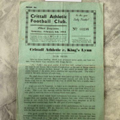 53/54 Crittall v Kings Lynn Football Programme: Eastern Counties League with team changes dated 6 2 1954. Very good with light fold.