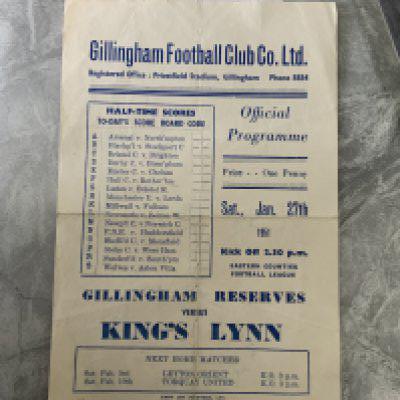 50/51 Gillingham Reserves v Kings Lynn Football Programme: Eastern Counties League single sheet with no team changes dated 27 1 1951. Very good with fold. Gillinghams first season back in the league.