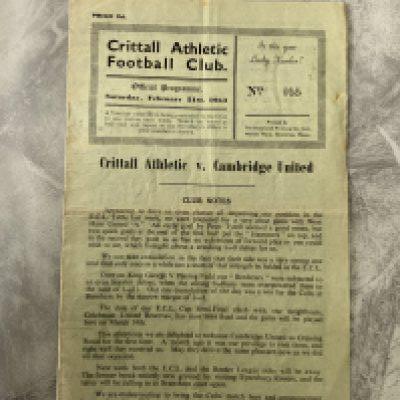 52/53 Crittall v Cambridge United Football Programme: Eastern Counties League match with team changes dated 21 2 1953. Good with fold.