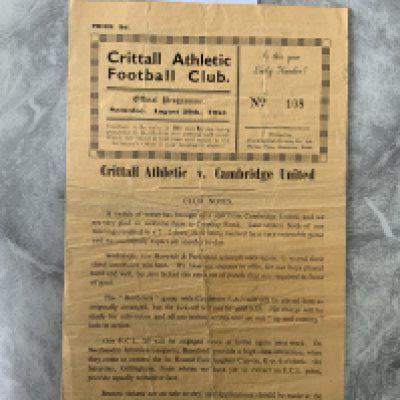 53/54 Crittall v Cambridge United Football Programme: Eastern Counties League match with team changes dated 29 8 1953. Fair/good with creasing.